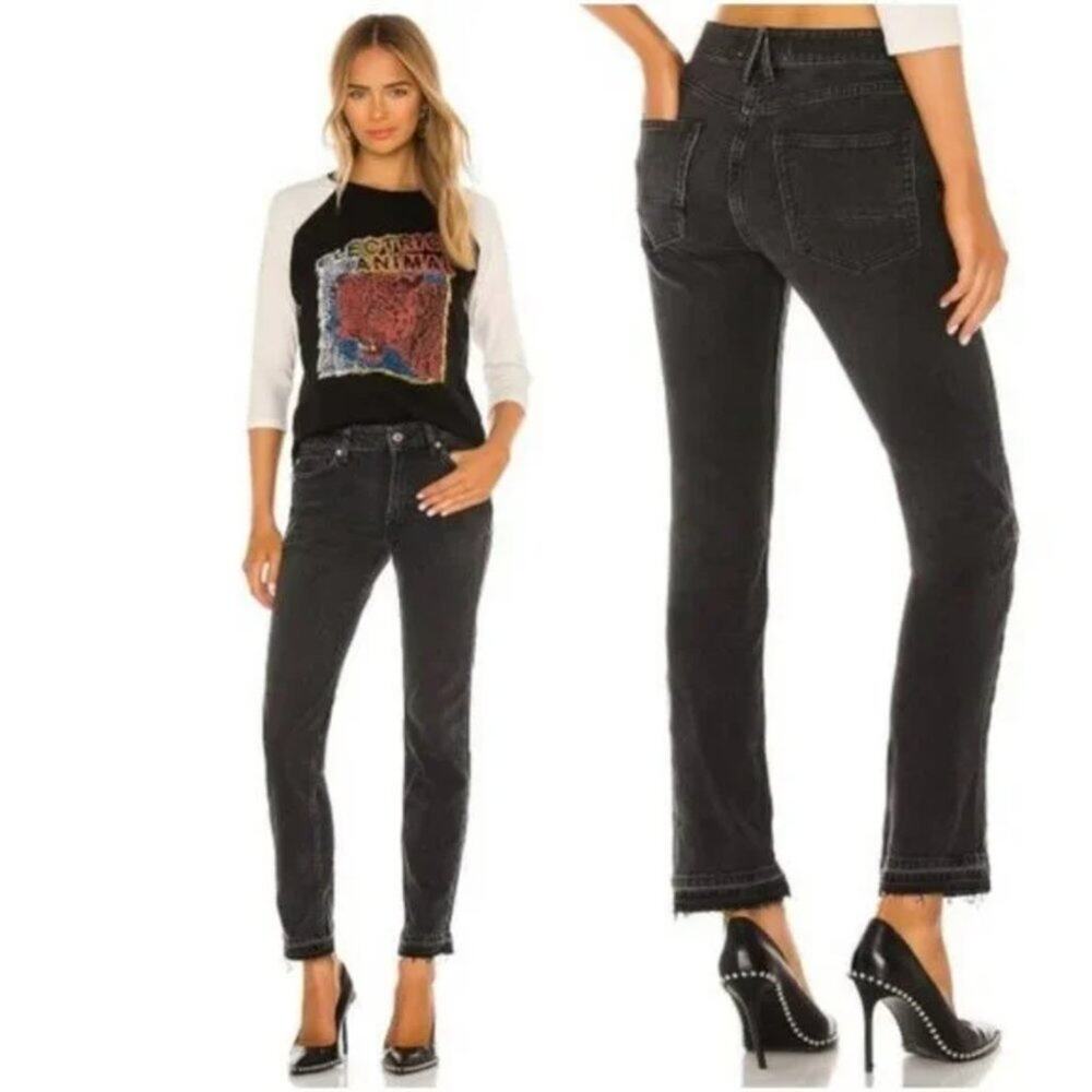 Free People Slim Boyfriend Jeans Women's Cuffed Released Frayed Hem Black Sz. 24